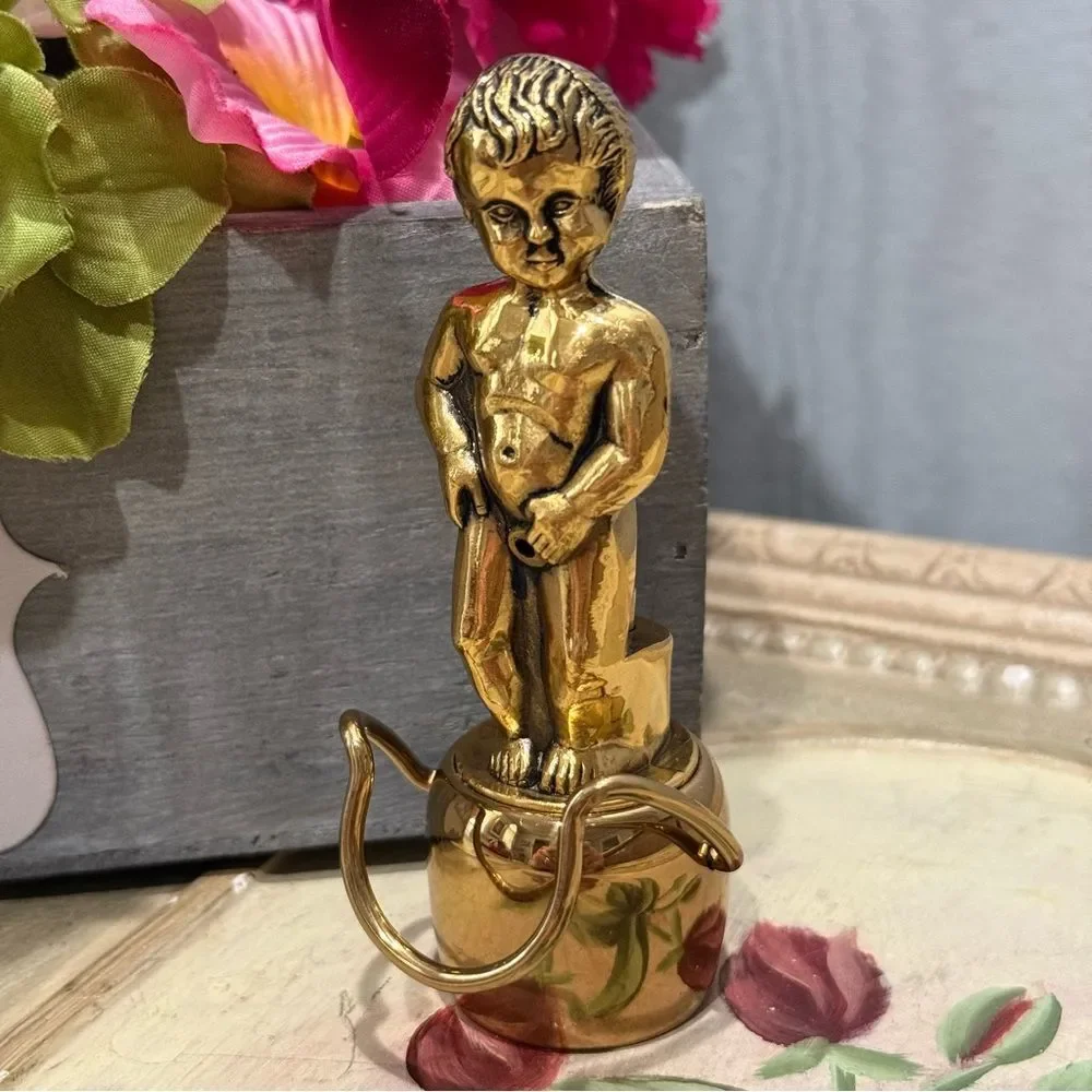 Vintage Heavy Brass Little Boy Bottle Stopper Pour Spout Risqué Whimsical